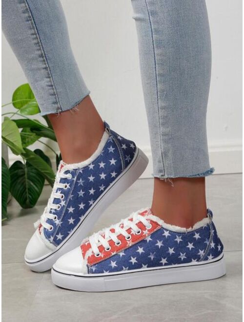 TZAIWADI Sporty Skate Shoes For Women, Colorblock Star Pattern Lace-up Front Outdoor Sneakers