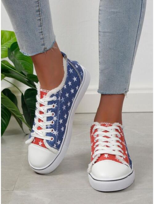 TZAIWADI Sporty Skate Shoes For Women, Colorblock Star Pattern Lace-up Front Outdoor Sneakers