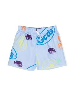 Gcds Kids sea life-print drawstring swim shorts
