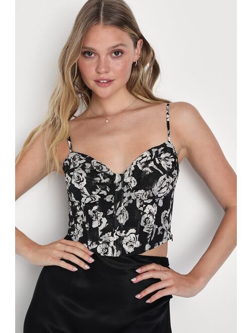 Lulus Looking Stunning Black Floral Print Bustier Top