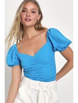 Positively Iconic Blue Textured Puff Sleeve Ruched Bodysuit