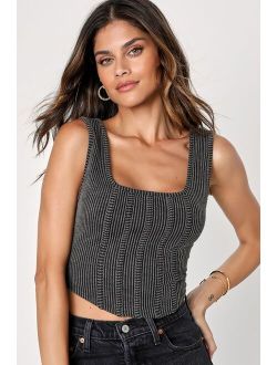 Flirty Status Charcoal Ribbed Cropped Corset Tank Top