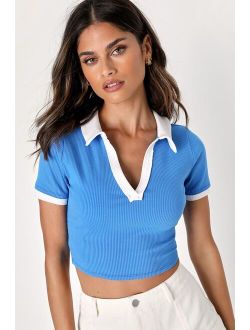 Revamped Vibe Blue Ribbed Color Block Cropped Polo Top