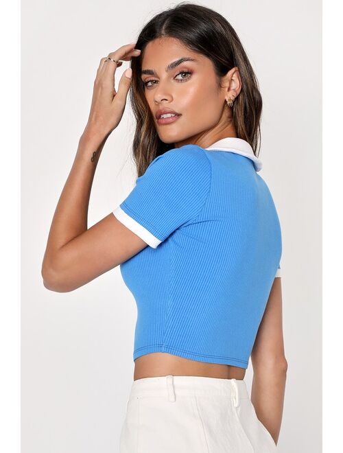 Lulus Revamped Vibe Blue Ribbed Color Block Cropped Polo Top