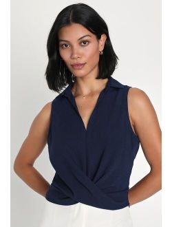 Daily Stroll Navy Blue Collared Twist-Front Cropped Tank Top