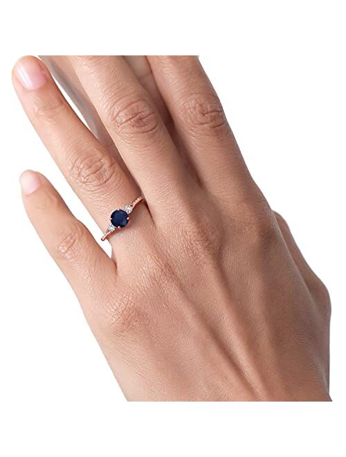 Gem Stone King 10K Rose Gold Blue Sapphire and White Created Sapphire Women Ring (1.14 Cttw, Gemstone Birthstone, Available in size 5, 6, 7, 8, 9)