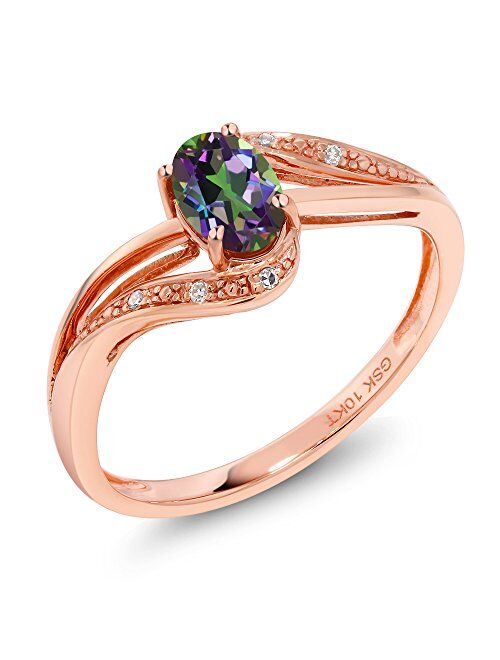 Gem Stone King 10K Rose Gold Green Mystic Topaz and Diamond Women's Engagement Bypass Ring (0.54 Cttw Available 5,6,7,8,9)