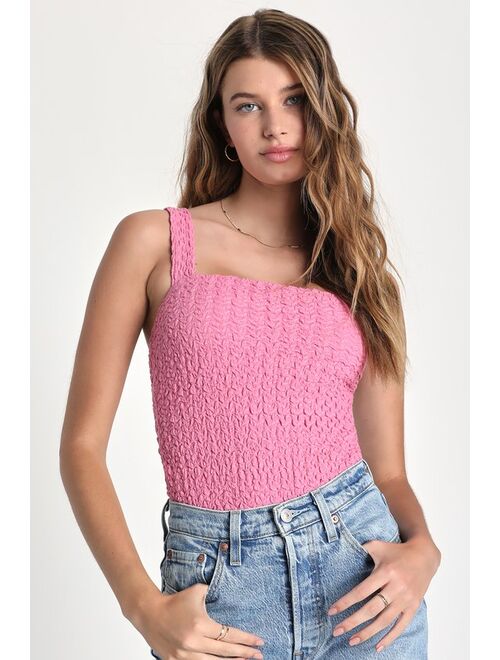 Lulus Cute Impression Pink Crinkle Textured Sleeveless Bodysuit