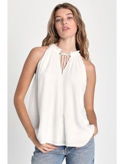 Delightfully Poised White Sleeveless Tie-Neck Tank Top