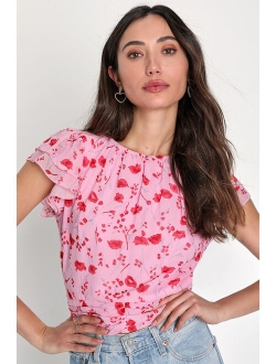Successful Style Pink Floral Ruffled Short Sleeve Tie-Back Top