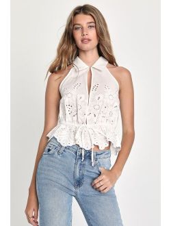 Precious Persona White Collared Embroidered Eyelet Top