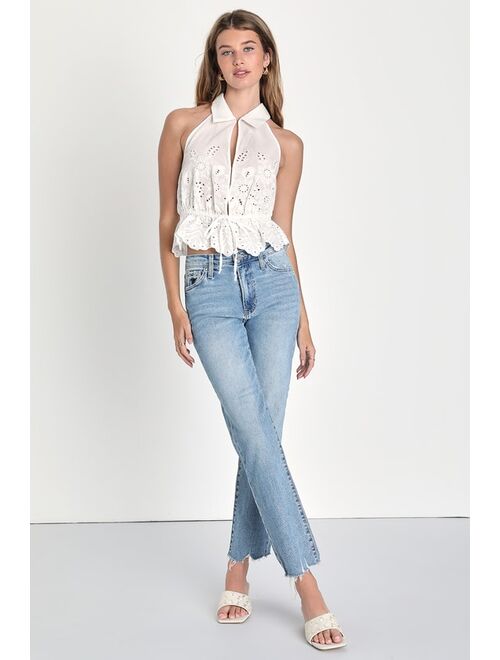 Lulus Precious Persona White Collared Embroidered Eyelet Top