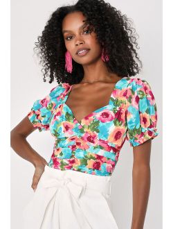 Hues of You Teal Multi Floral Print Ruched Puff Sleeve Crop Top