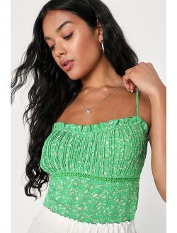 Perfect Aesthetic Green Floral Print Pleated Tie-Back Top