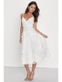 Magical Occasion White Embroidered 3D Applique Midi Dress