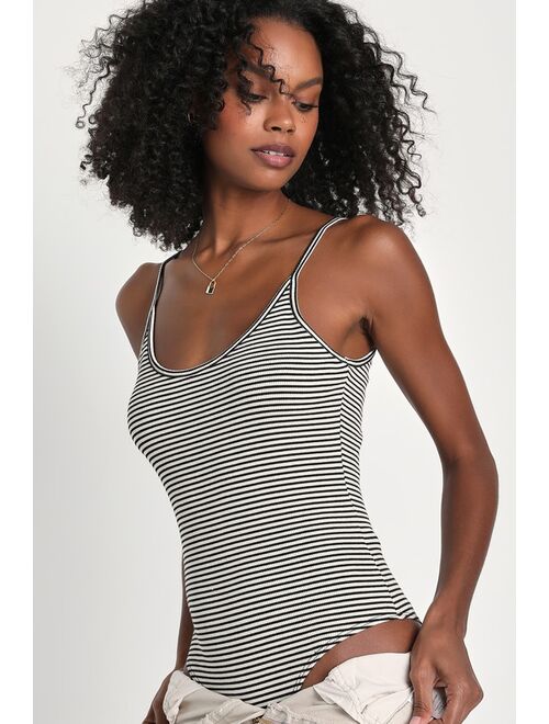Lulus Chic Flirt Black and White Striped Ribbed Strappy Bodysuit