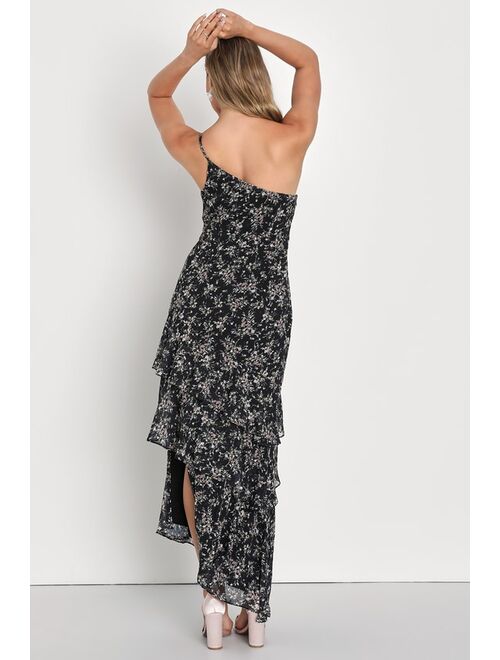 Lulus Adorable Instinct Black Floral Ruffled One-Shoulder Midi Dress