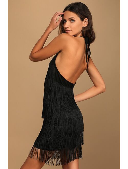 Lulus Roarin' Style Black Fringe Halter Bodycon Mini Dress