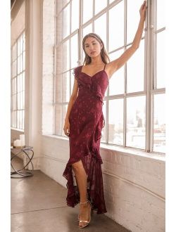 Forever Be Burgundy Floral Jacquard Ruffled Maxi Dress
