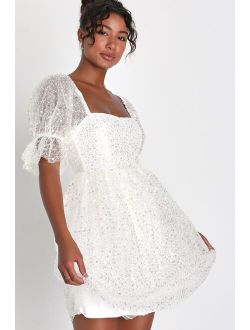 Lulus Magic Sparkle White Beaded Sequin Puff Sleeve Mini Dress