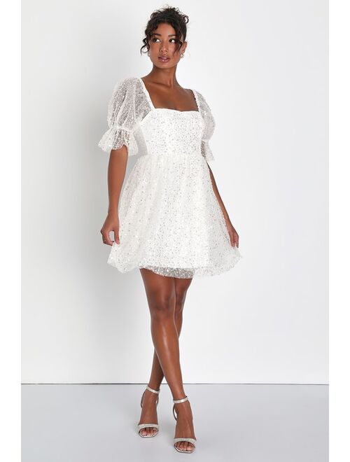 Marvel Lulus Magic Sparkle White Beaded Sequin Puff Sleeve Mini Dress