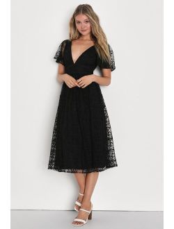 Elegant Approach Black Embroidered Flutter Sleeve Midi Dress