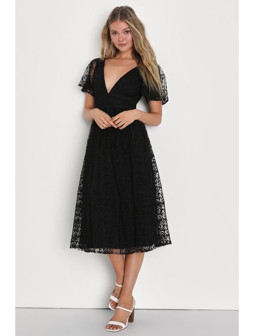 Lulus Elegant Approach Black Embroidered Flutter Sleeve Midi Dress