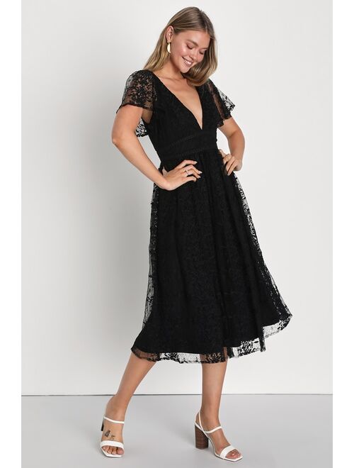Lulus Elegant Approach Black Embroidered Flutter Sleeve Midi Dress