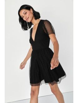 Radiating Chic Black Mesh Swiss Dot Short Sleeve Mini Dress