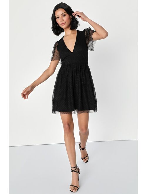 Lulus Radiating Chic Black Mesh Swiss Dot Short Sleeve Mini Dress