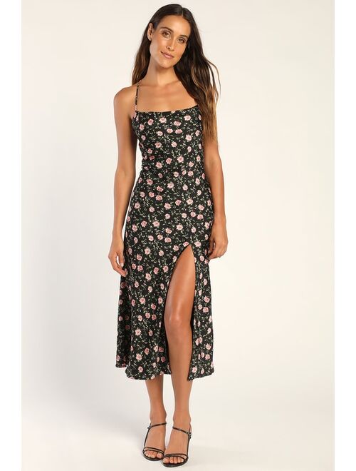 Lulus Moment of Chic Black and Pink Floral Print Satin Lace-Up Dress