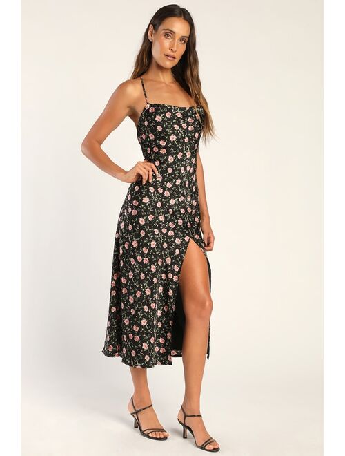 Lulus Moment of Chic Black and Pink Floral Print Satin Lace-Up Dress