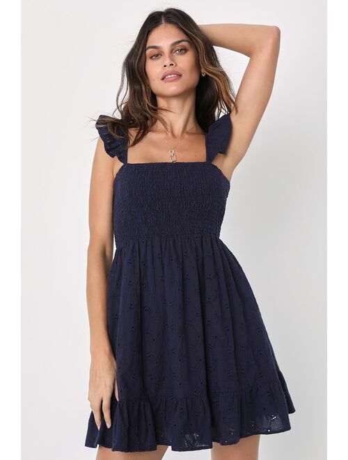 Lulus Sweetest Aura Navy Blue Smocked Embroidered Mini Dress