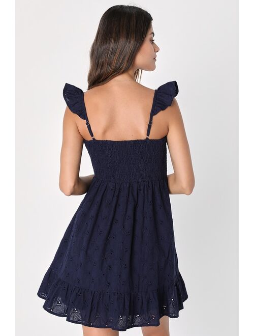 Lulus Sweetest Aura Navy Blue Smocked Embroidered Mini Dress