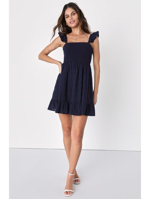 Lulus Sweetest Aura Navy Blue Smocked Embroidered Mini Dress