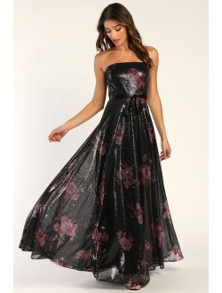 Sweep of Romance Shiny Black Floral Sequin Strapless Maxi Dress
