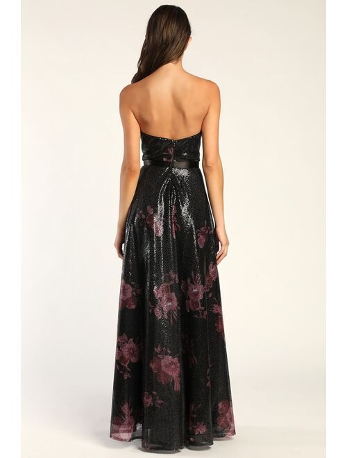 Lulus Sweep of Romance Shiny Black Floral Sequin Strapless Maxi Dress