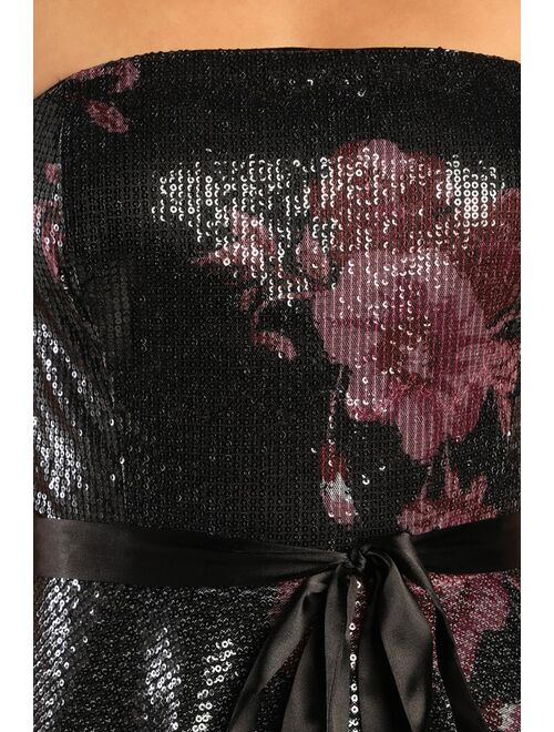 Lulus Sweep of Romance Shiny Black Floral Sequin Strapless Maxi Dress