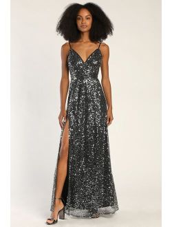 Magnetic Attraction Silver and Black Sequin Maxi Dress