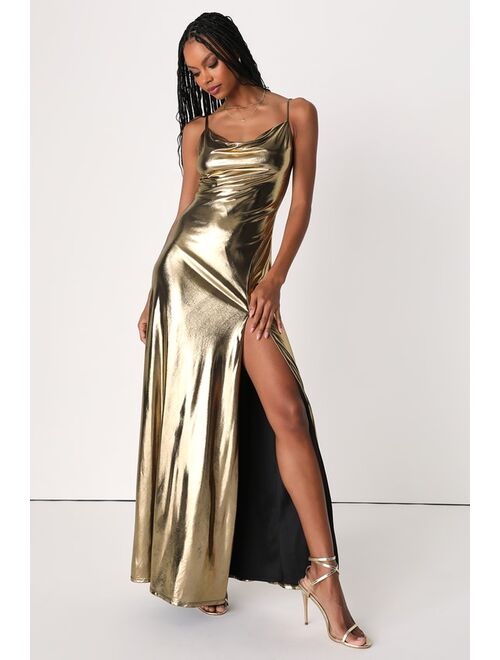 Lulus Glow Girl Glow Gold Metallic Sleeveless Cowl Neck Maxi Dress