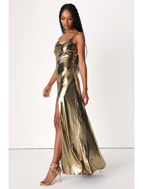 Lulus Glow Girl Glow Gold Metallic Sleeveless Cowl Neck Maxi Dress