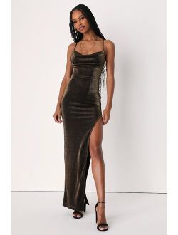 Sultry Sparkle Gold and Black Lurex Backless Cowl Maxi Dress