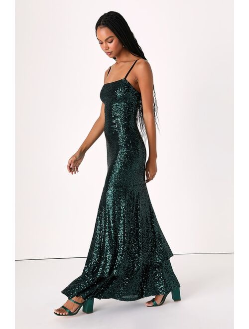 Buy Lulus Shimmering Sensation Emerald Green Sequin Ruffled Maxi Dress online Topofstyle