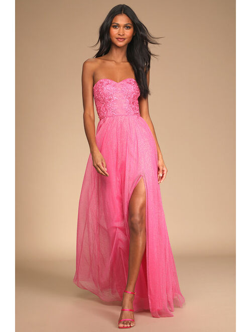Lulus Midnight Dreamer Pink Embroidered Strapless Maxi Dress