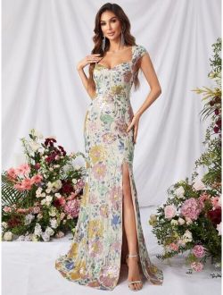 FAERIESTY Women Apparel Floral Sequin Pattern Split Thigh Dress