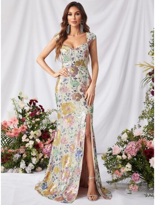 FAERIESTY Women Apparel Floral Sequin Pattern Split Thigh Dress