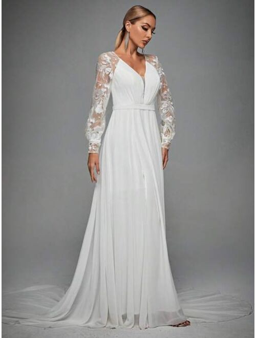 MGIACY Women Apparel Floral Embroidery Mesh Floor Length Wedding Dress