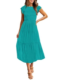 Women's Flutter Short Sleeve Smocked Midi Dress Summer Casual Tiered A-Line Dress