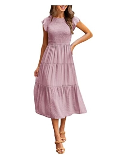 Women's Flutter Short Sleeve Smocked Midi Dress Summer Casual Tiered A-Line Dress