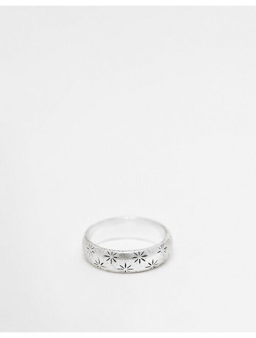 ASOS DESIGN band ring with engraved leaf design in burnished silver tone